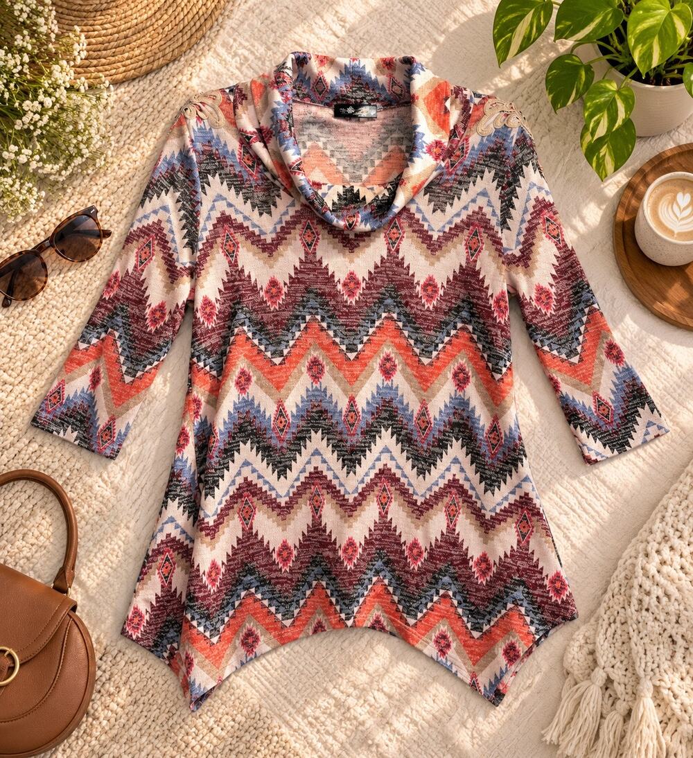 Absolutely Fabulous M Geometric Print Cowl Neck Tunic Top Lace Shoulders